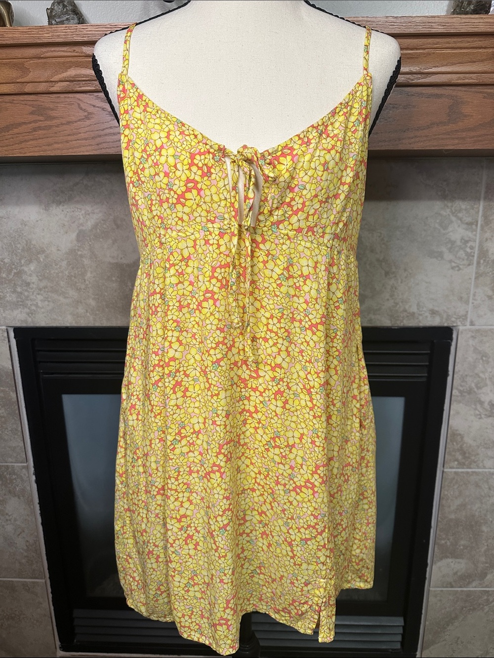 Wild Fable L Yellow Pink Floral Tie Front Mini Sundress Spaghetti Strap